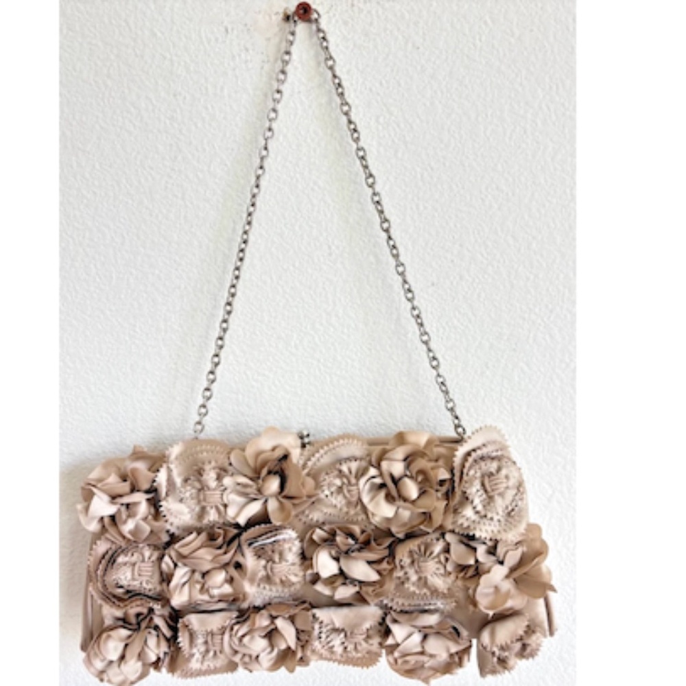 Sondra Roberts Taupe Ruffle Flower Minaudière Clutch